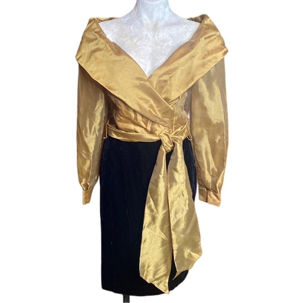 Vintage Gold Taffeta Black Velvet late 80s off shoulder midi dress Sz 12
